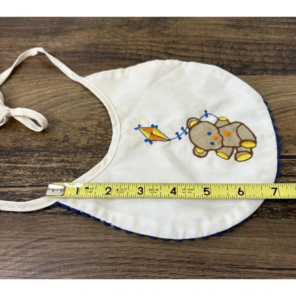 Vintage Hand Embroidered Baby Bib Teddy Bear Flying Kite